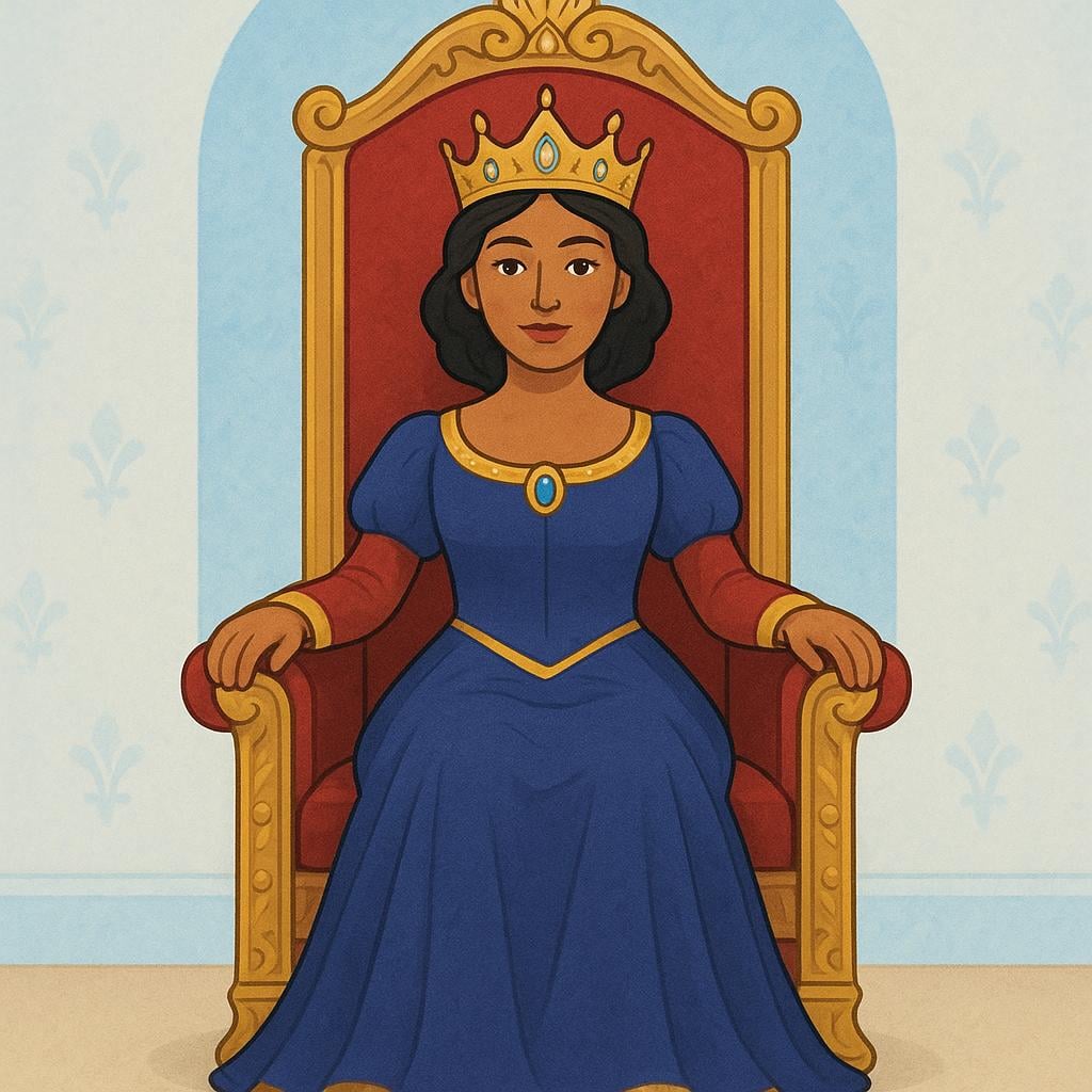 A majestic woman wearing a golden crown and a regal gown, sitting on an ornate red throne.