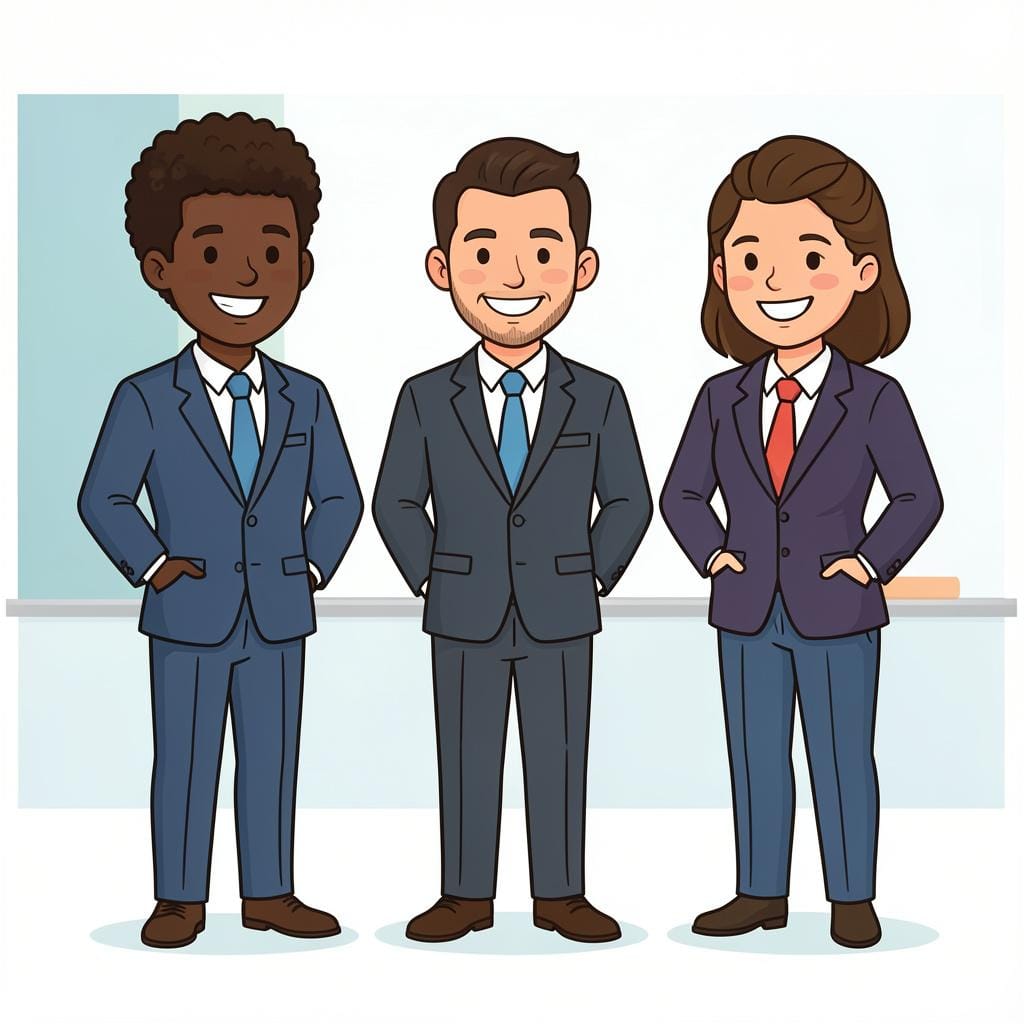 Une rangée de personnes diverses vêtues de tenues professionnelles, se tenant côte à côte et souriant avec assurance.