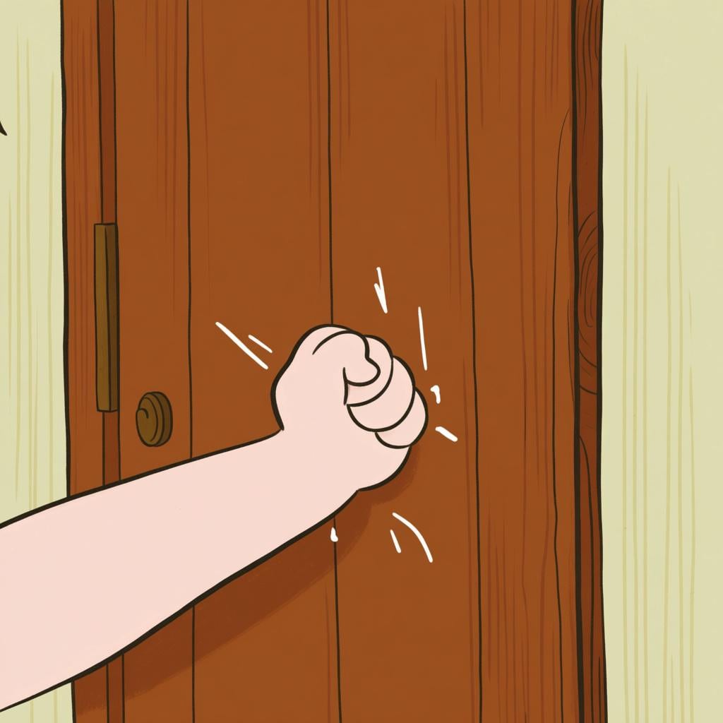 A child's hand knocking on a wooden door, symbolizing a summons or physical call for attention.