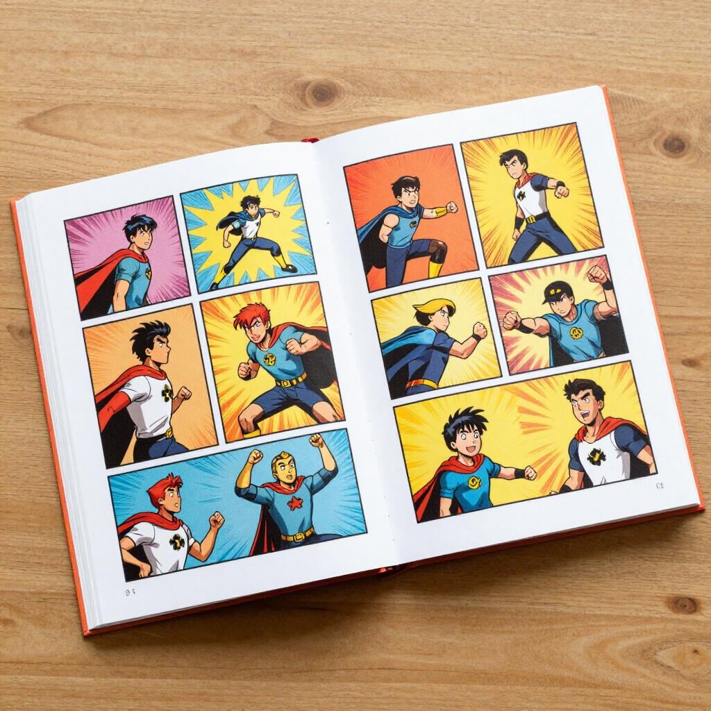 Um livro de quadrinhos colorido aberto sobre uma mesa, mostrando painéis com personagens e balões de fala.