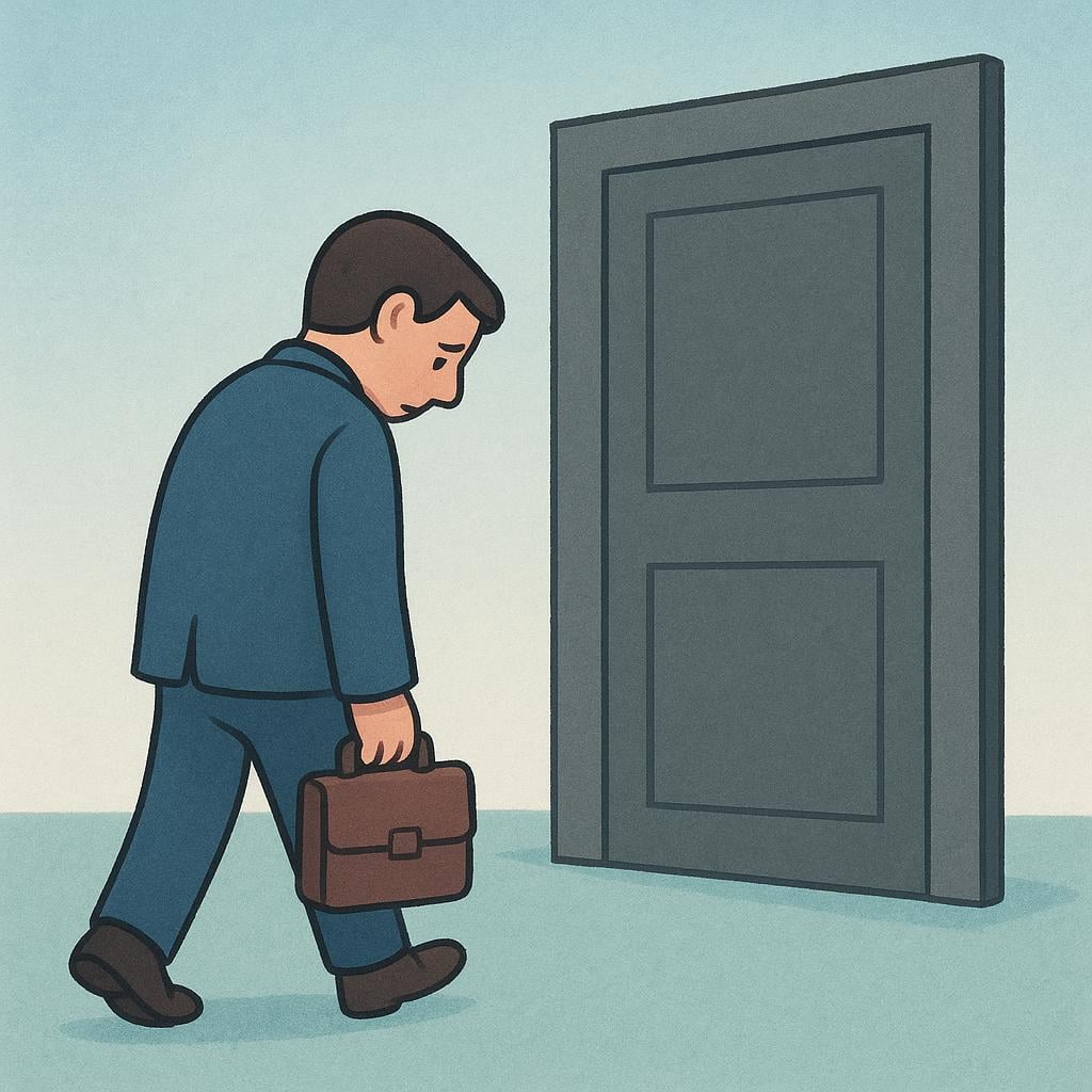 A lonely, small figure with a briefcase walking away from a large, imposing, closed door, symbolizing job dismissal.