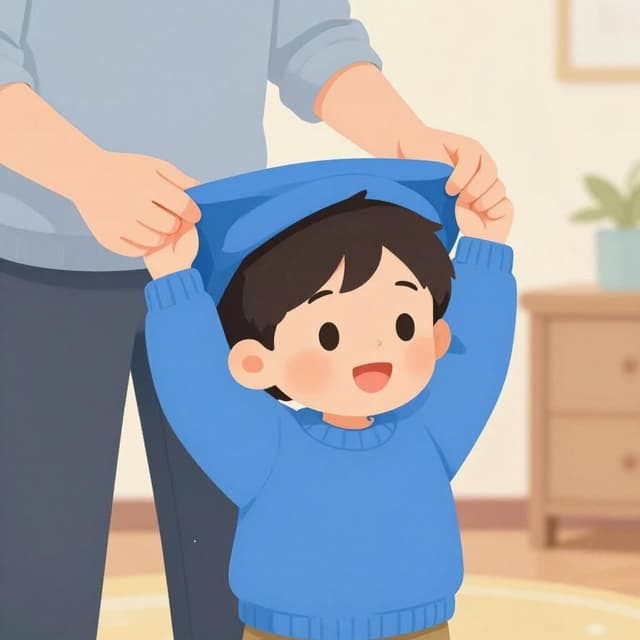 A parent helping a toddler take off a sweater.