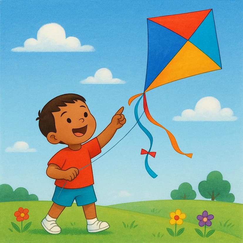 Un bambino gioioso in piedi all'aperto, che indica eccitato verso un aquilone grande e colorato che vola alto nel cielo azzurro, simboleggiando un desiderio futuro.