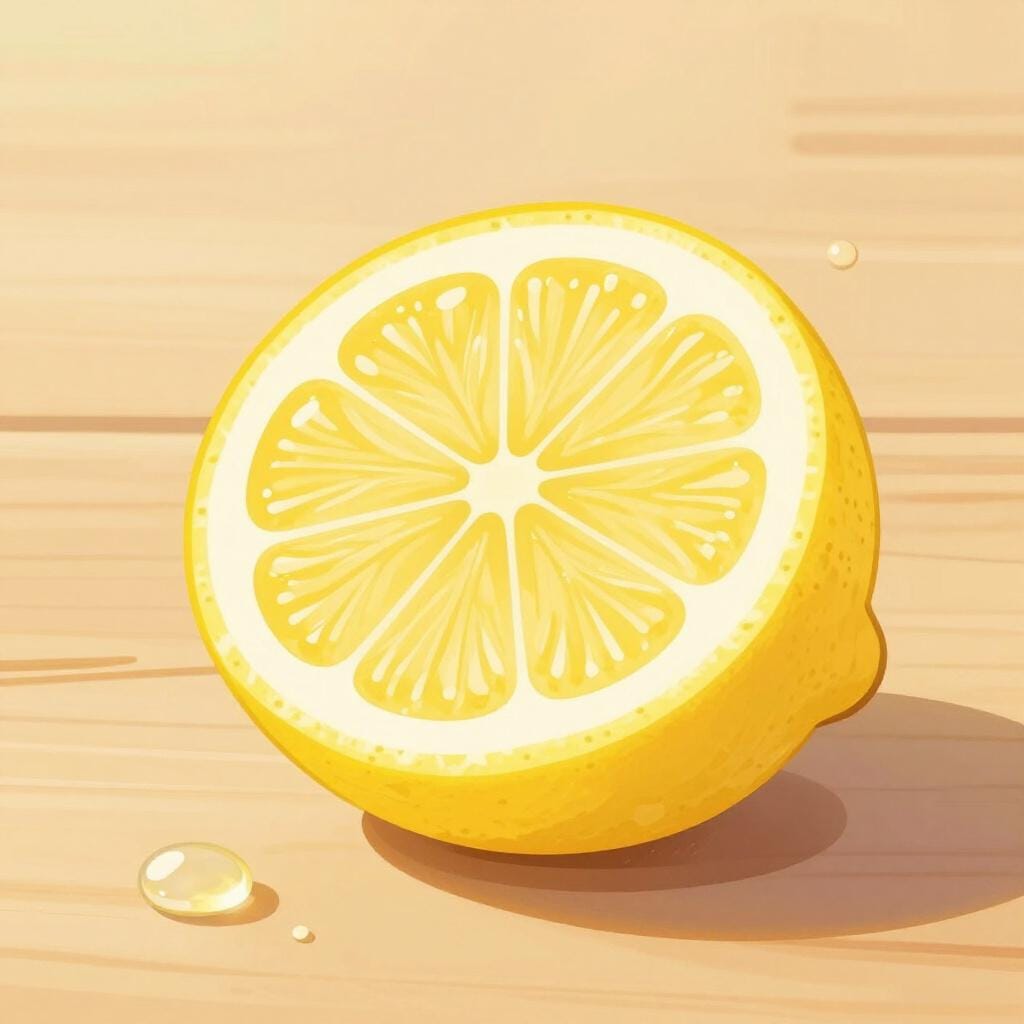 A bright yellow lemon cut in half on a clean wooden surface, showing its juicy segments.