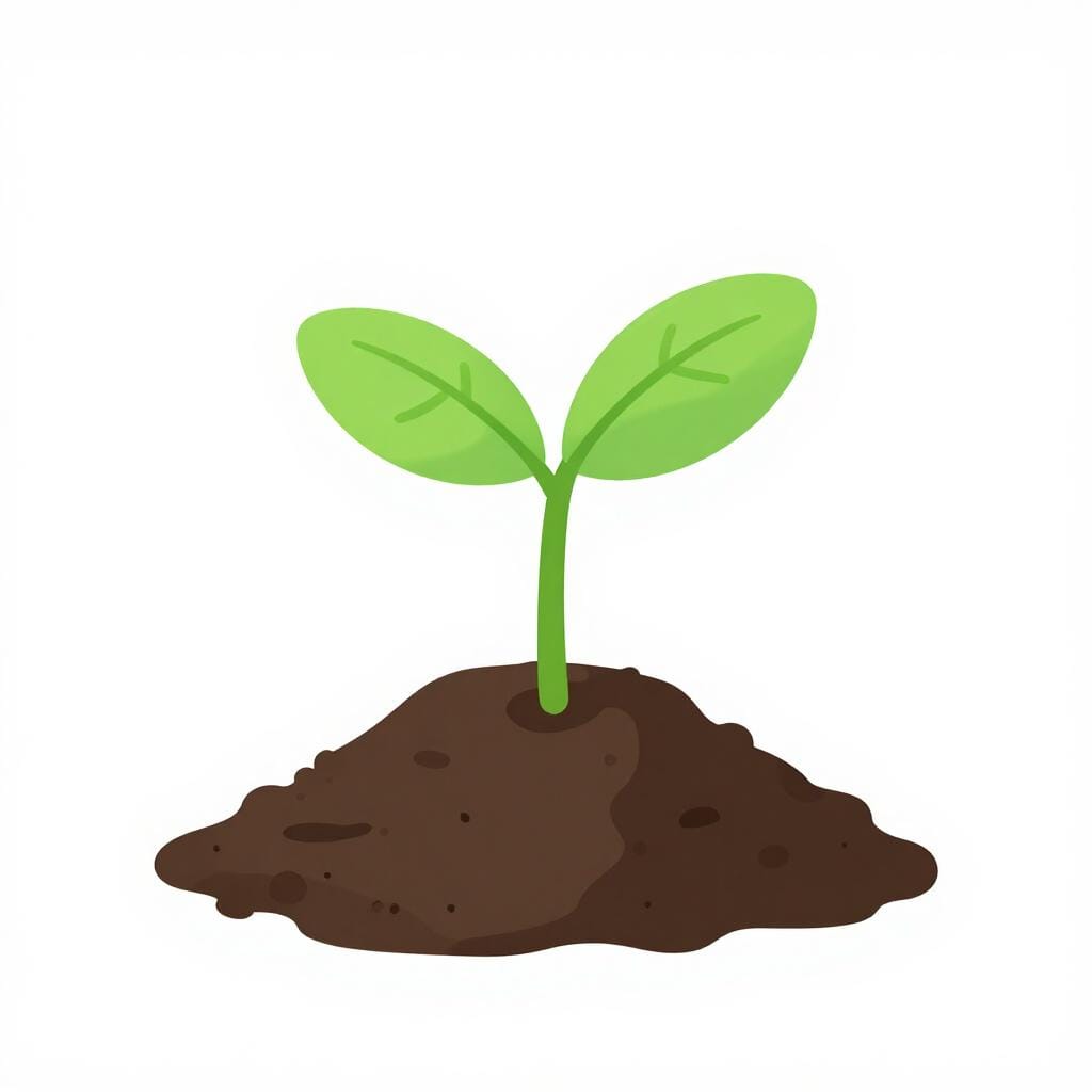 小さな豊かな茶色の土の山から育つ、明るい緑色の小さな苗が一本。