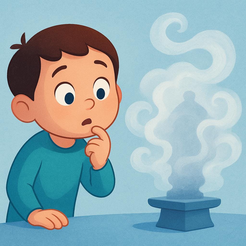 Un'illustrazione da libro di fiabe di un personaggio confuso che guarda un oggetto semplice completamente oscurato da una fitta nebbia grigia vorticosa.