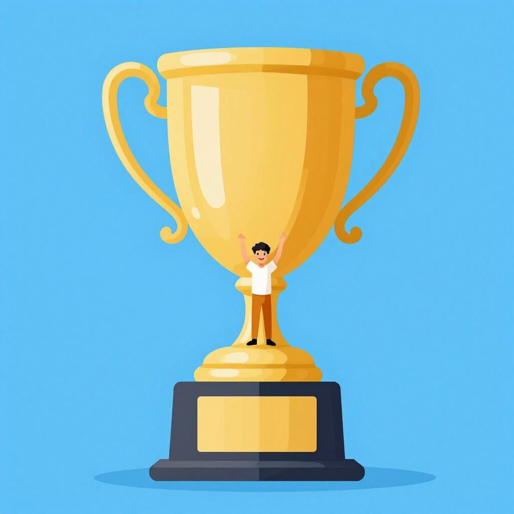 A person standing triumphantly on top of a giant golden trophy on a pedestal.