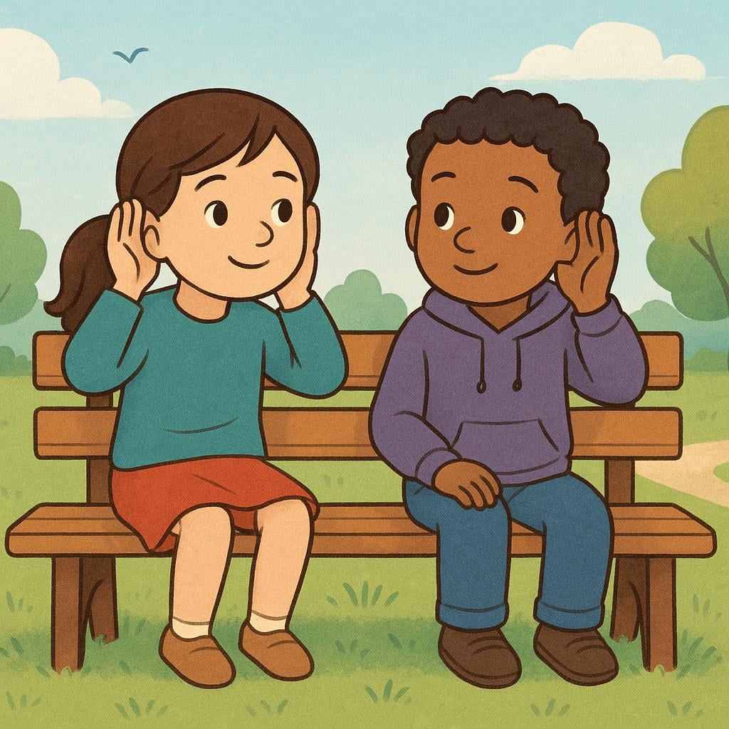 Two children sitting on a park bench, leaning forward slightly and cupping their hands behind their ears, showing they are intently listening to a sound.