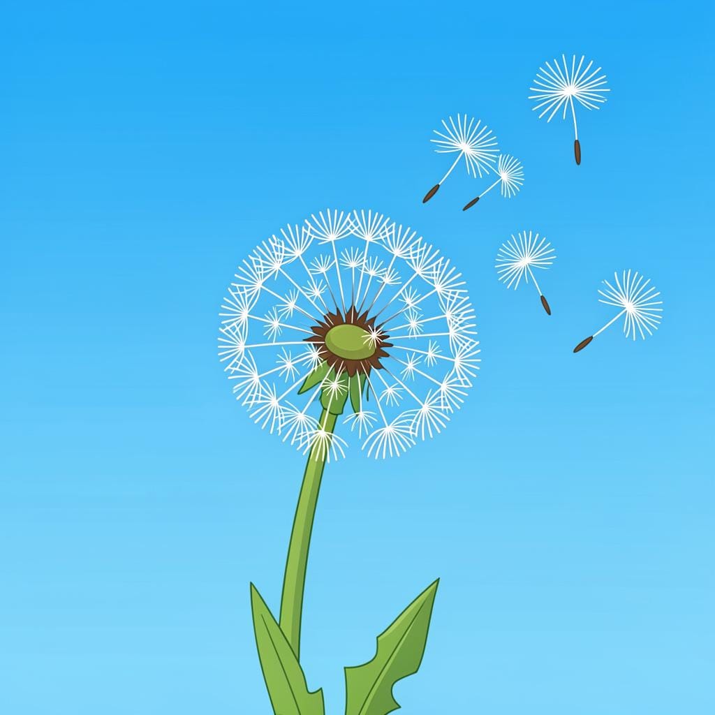 A single dandelion seed head with several seeds blowing away in a gentle breeze.