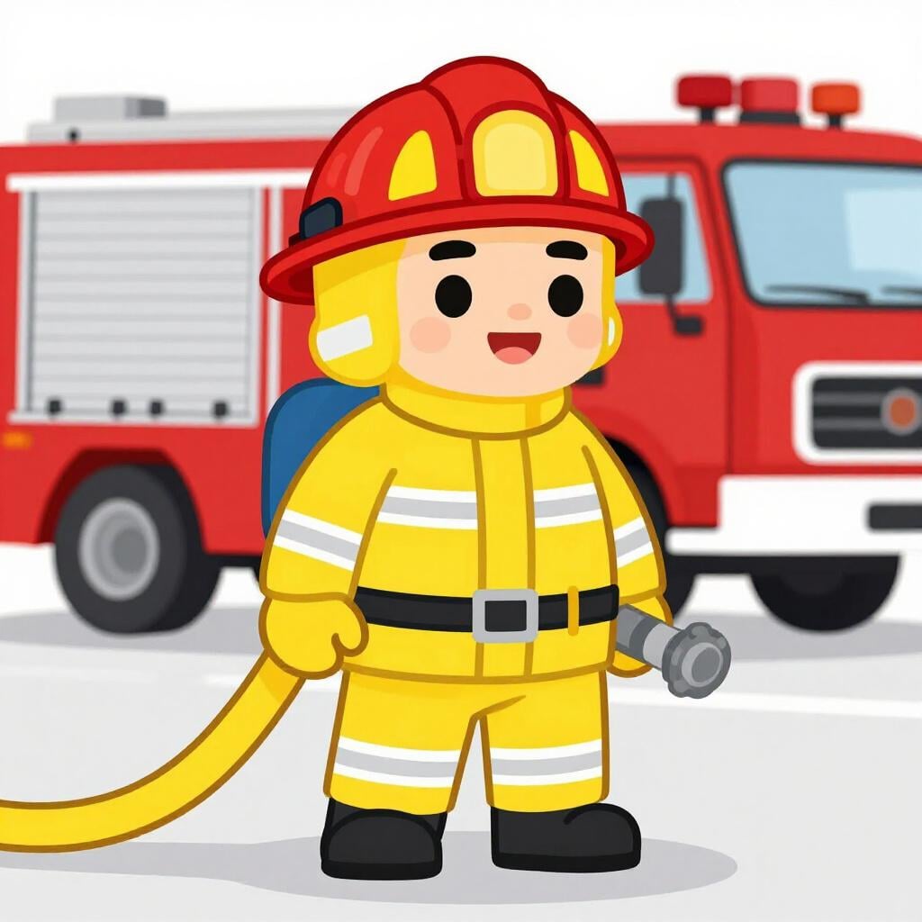 A friendly firefighter in a red helmet and yellow protective suit holding a fire hose.