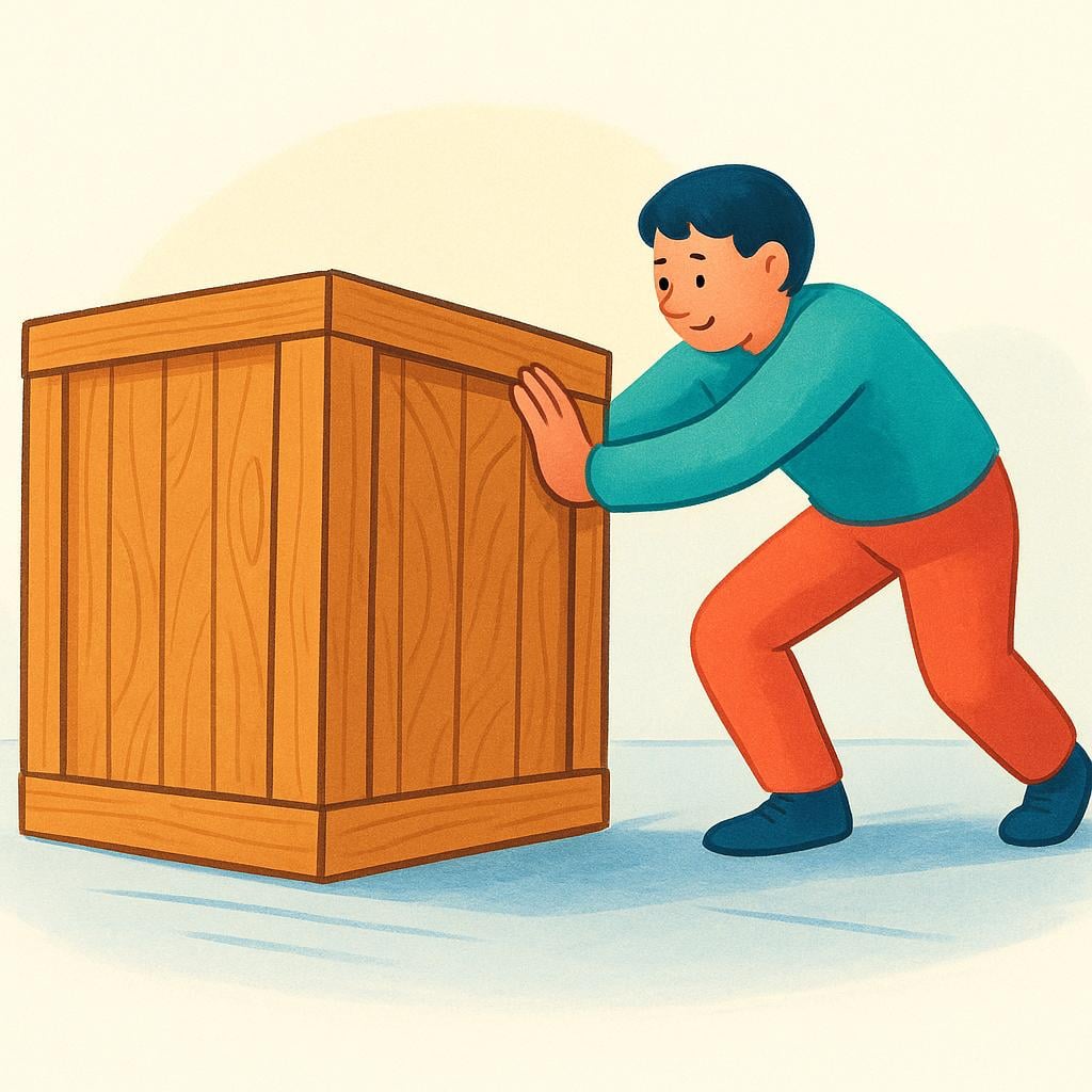 A person pushing a large, heavy wooden crate across a floor.