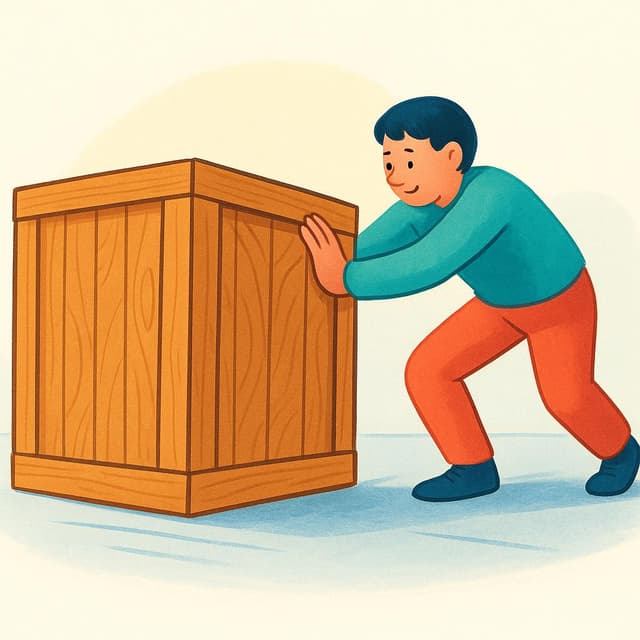 A person pushing a large, heavy wooden crate across a floor.