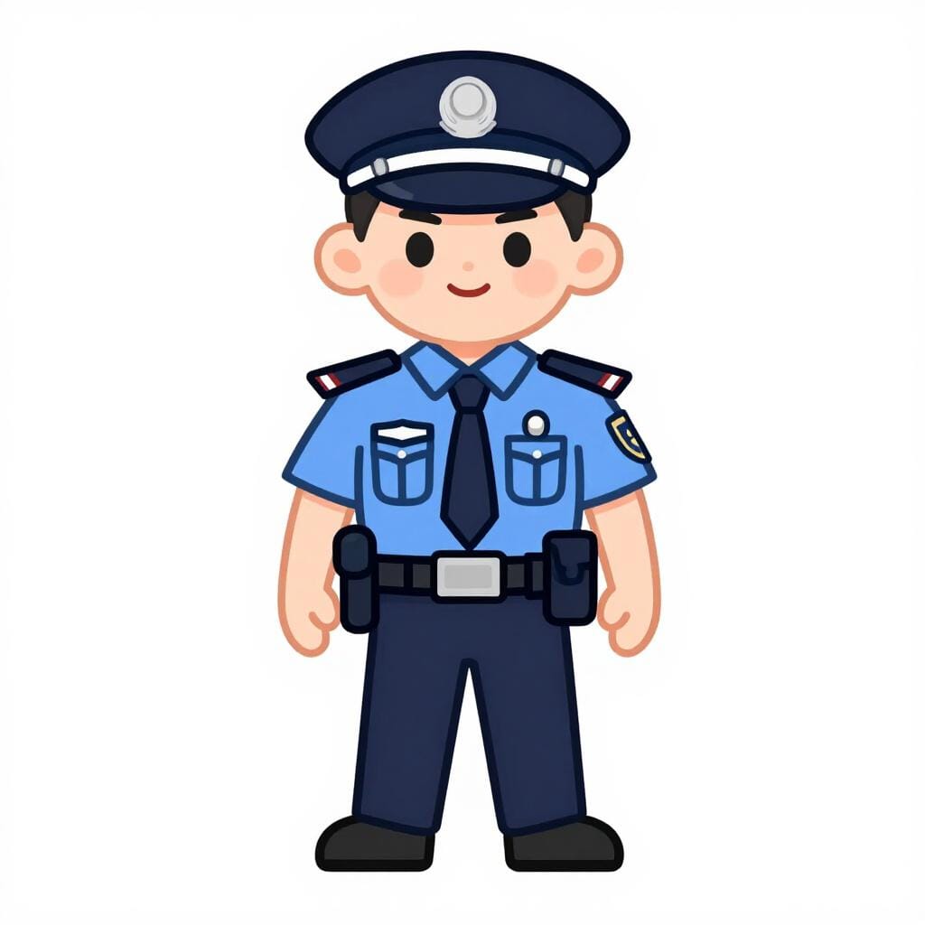 A friendly police officer wearing a blue uniform and hat, standing at attention.