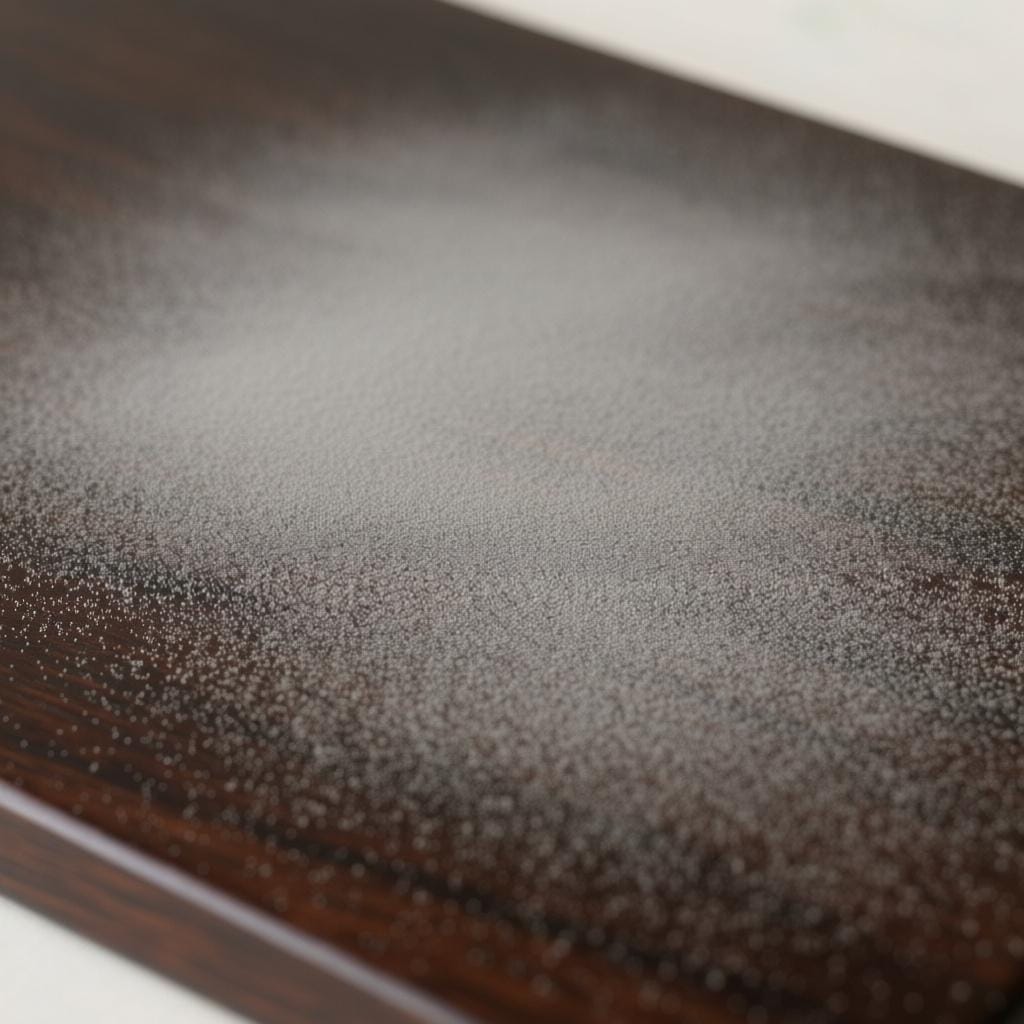 Um close-up de uma superfície de madeira escura e lisa visivelmente coberta por uma camada fina e uniforme de poeira cinza.