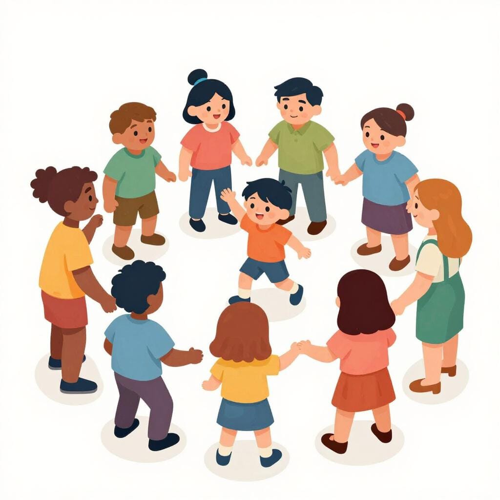 A group of people standing in a circle, with one person gently pulling another person by the hand into the center of the group.