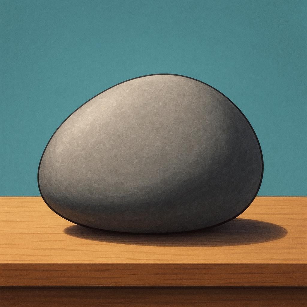 A large, smooth, gray river stone placed prominently on a flat surface, emphasizing its solidity and tangibility.