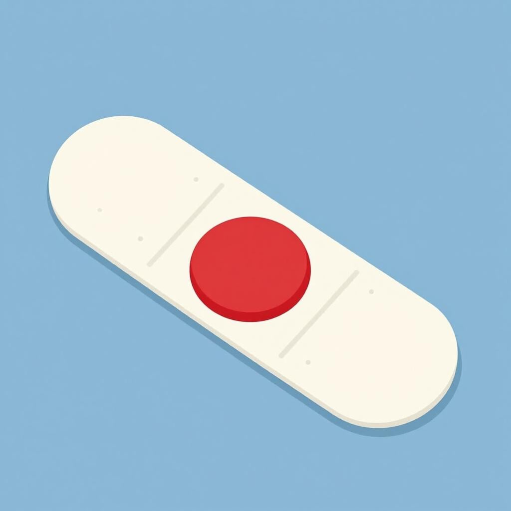 Un pansement blanc avec une seule tache rouge vif de sang au centre.