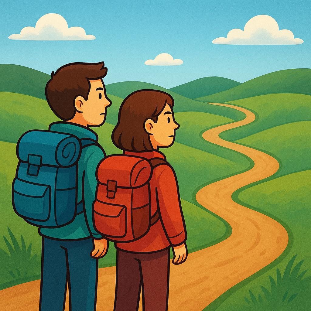 Due viaggiatori determinati dei cartoni animati in piedi all'inizio di un lungo sentiero tortuoso che si estende su colline lontane, a simboleggiare un viaggio o un compito futuro necessario.