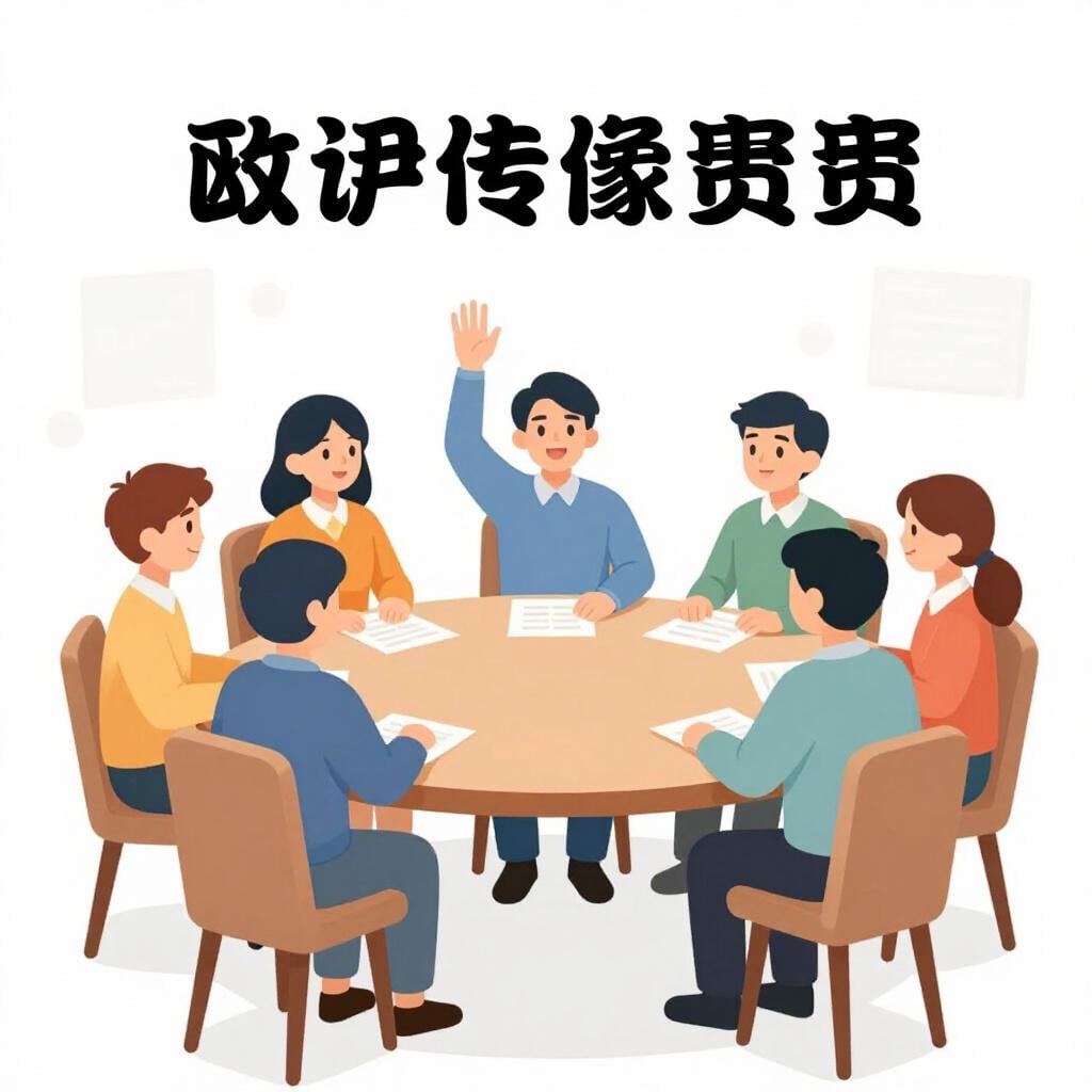 A group of diverse people sitting around a circular table in a meeting, one person raising their hand to vote.