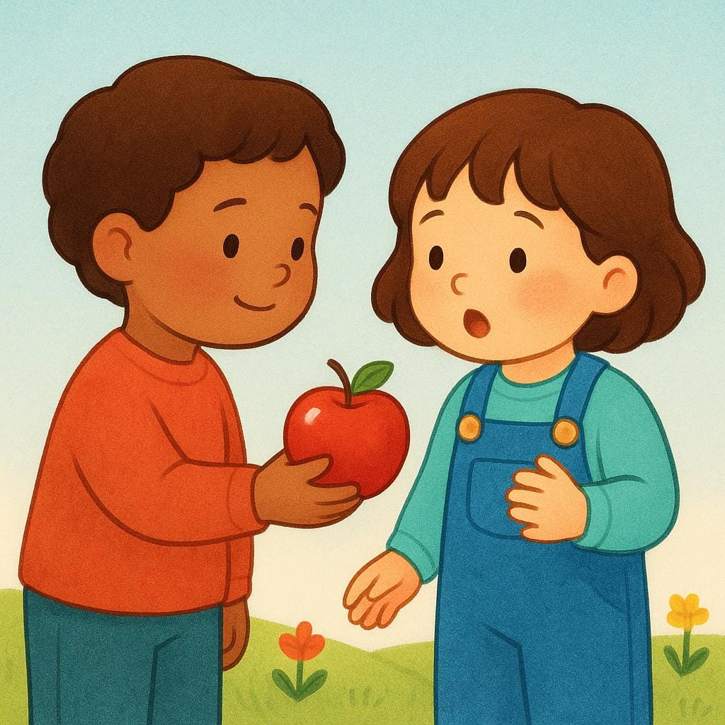 A colorful illustration showing one child with a kind expression gently handing a bright red apple to another child, symbolizing good treatment.