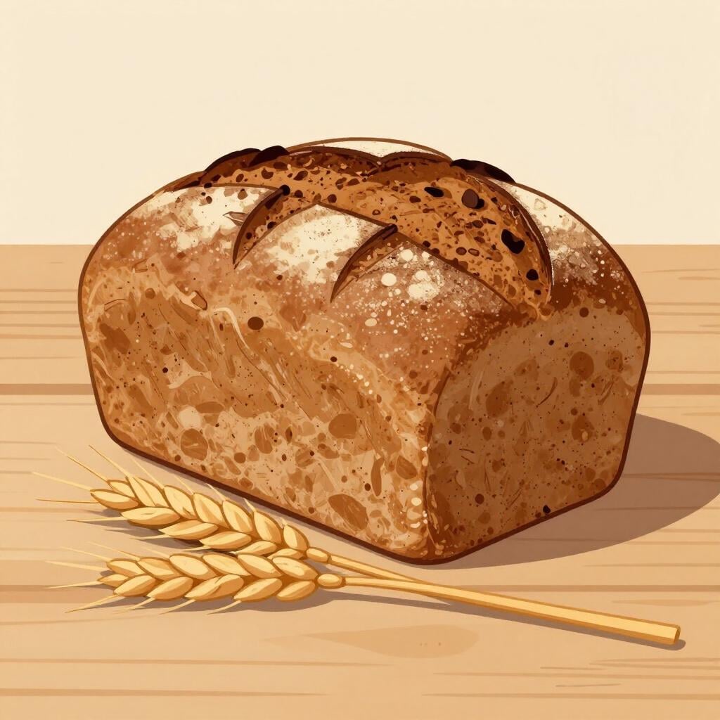 Una pagnotta di pane integrale scuro accanto a una piccola ciotola di chicchi di grano.