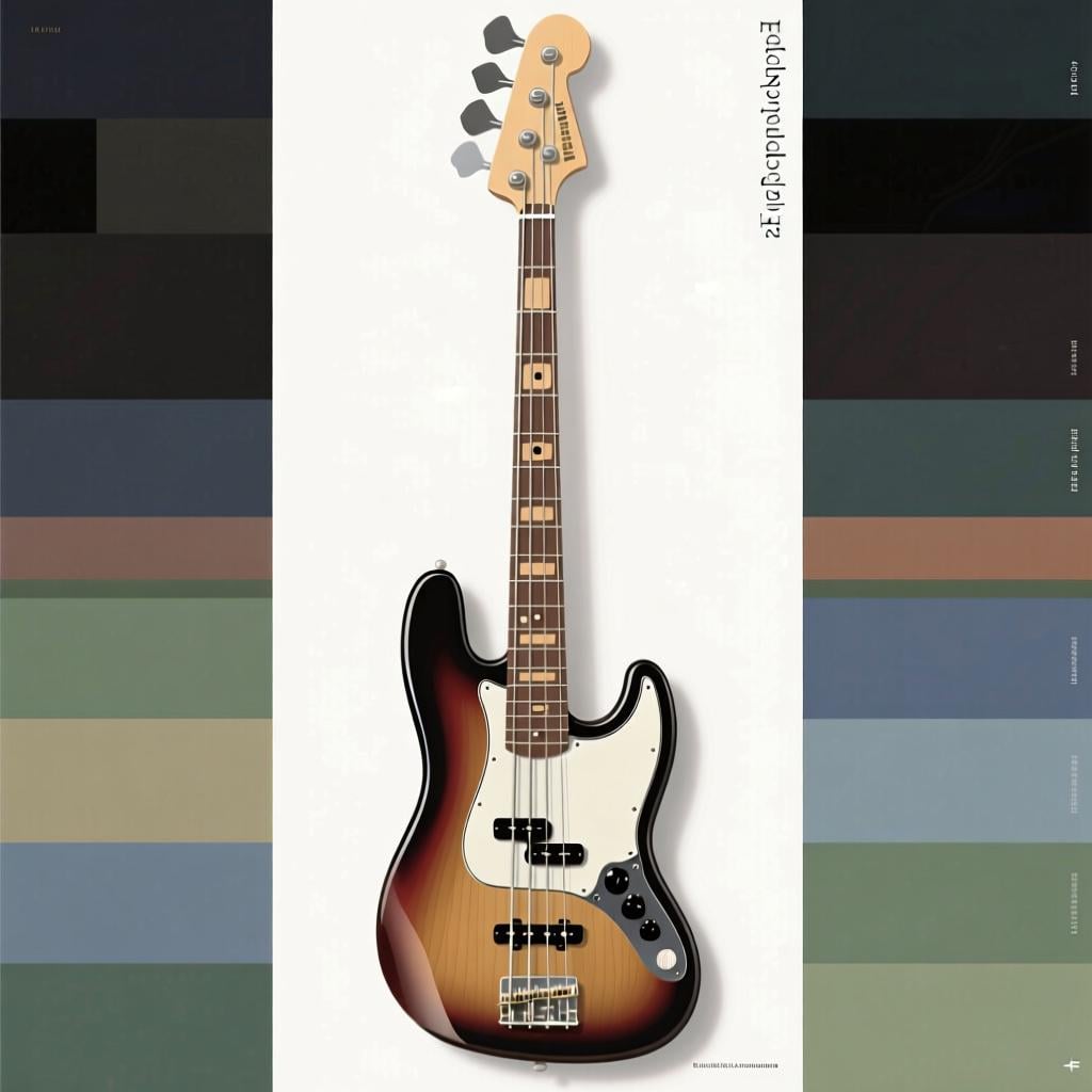 A detailed illustration of a four-string electric bass guitar, representing the musical instrument.