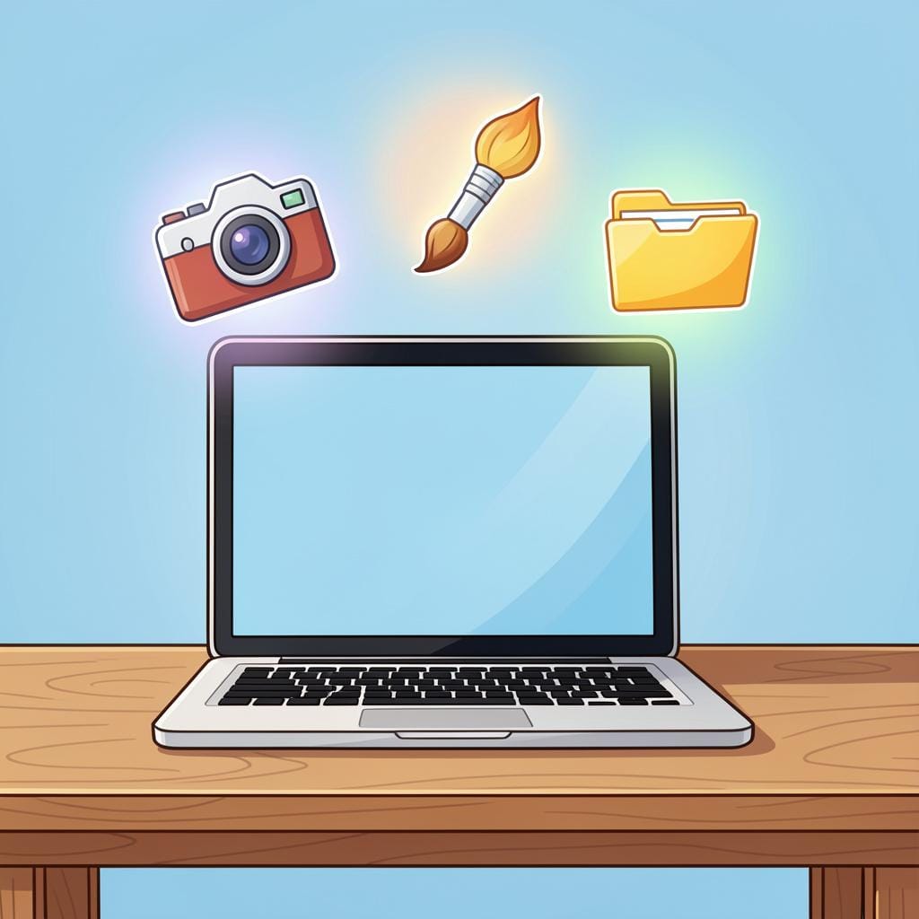 Um monitor de computador brilhante em uma mesa com ícones coloridos como uma câmera e uma paleta de pintura flutuando ao redor.