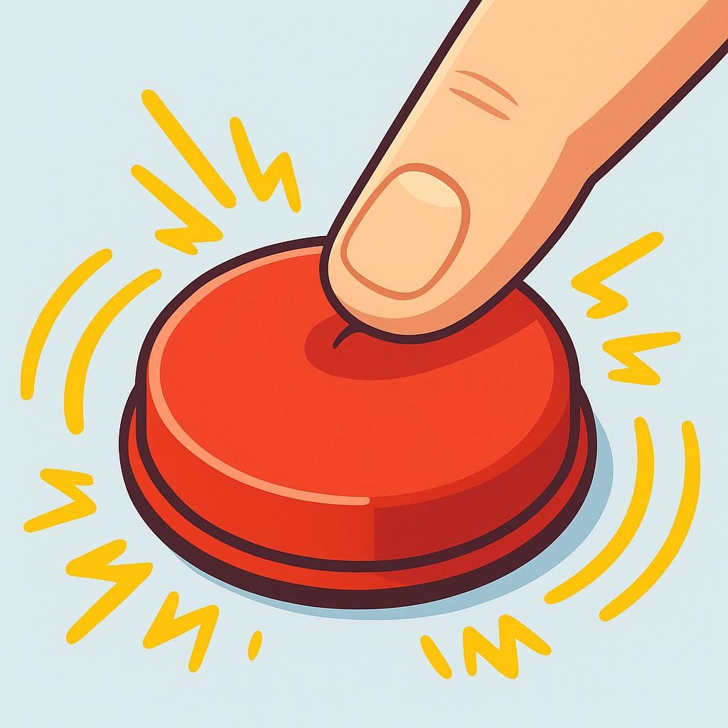 A cartoon finger pressing a large, red, circular panic button mounted on a wall, causing bright, radiating sound waves to appear.