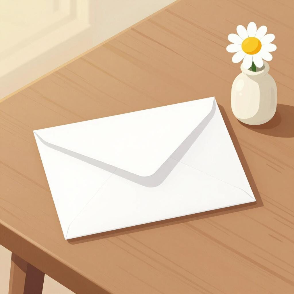 Eine bunte Bilderbuchillustration eines kleinen versiegelten Umschlags, der auf einem hölzernen Küchentisch neben einer Blumenvase liegt.