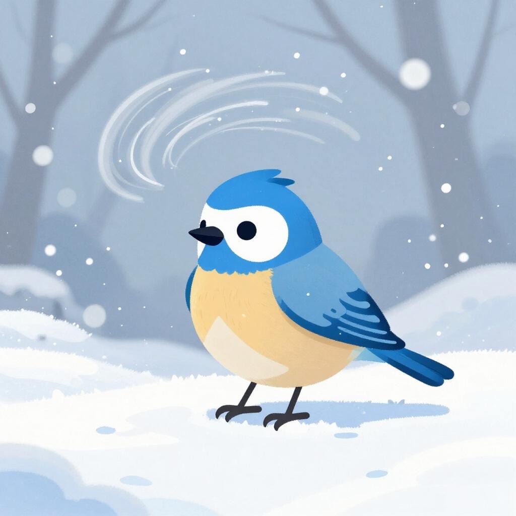 Un piccolo uccello rannicchiato contro un vento forte e freddo con neve vorticosa.