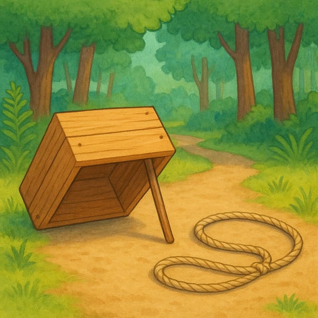 A high quality storybook illustration depicting two simple physical hunting traps set on the forest floor, one a wire snare and one a wooden box trap.