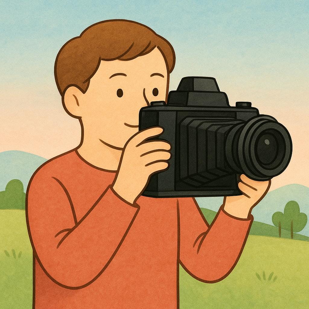 Eine vereinfachte Illustration einer Person, die durch den Sucher einer großen, schwarzen Vintage-Kamera blickt und die Kunst der Fotografie praktiziert.