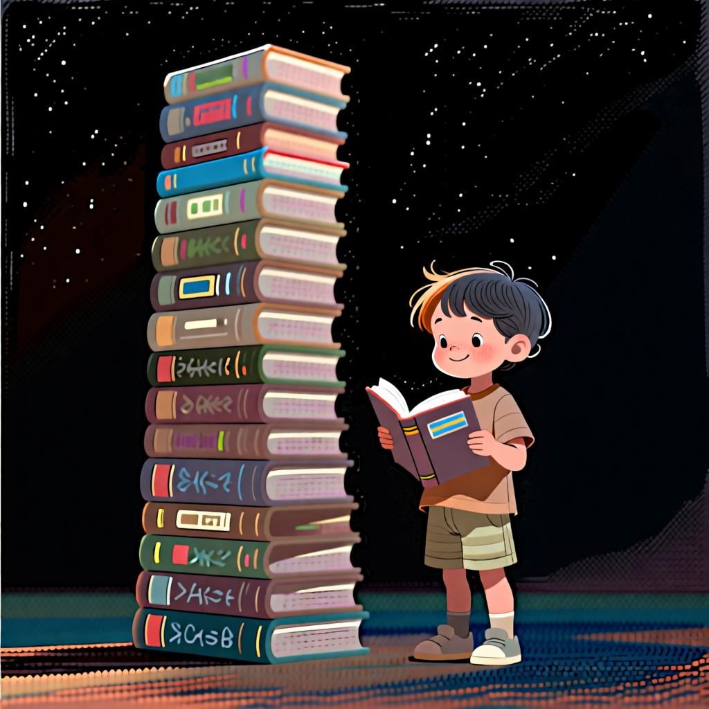 A small child standing next to a very tall stack of books, easily reading from the one in their hands, showing advanced ability for their age.
