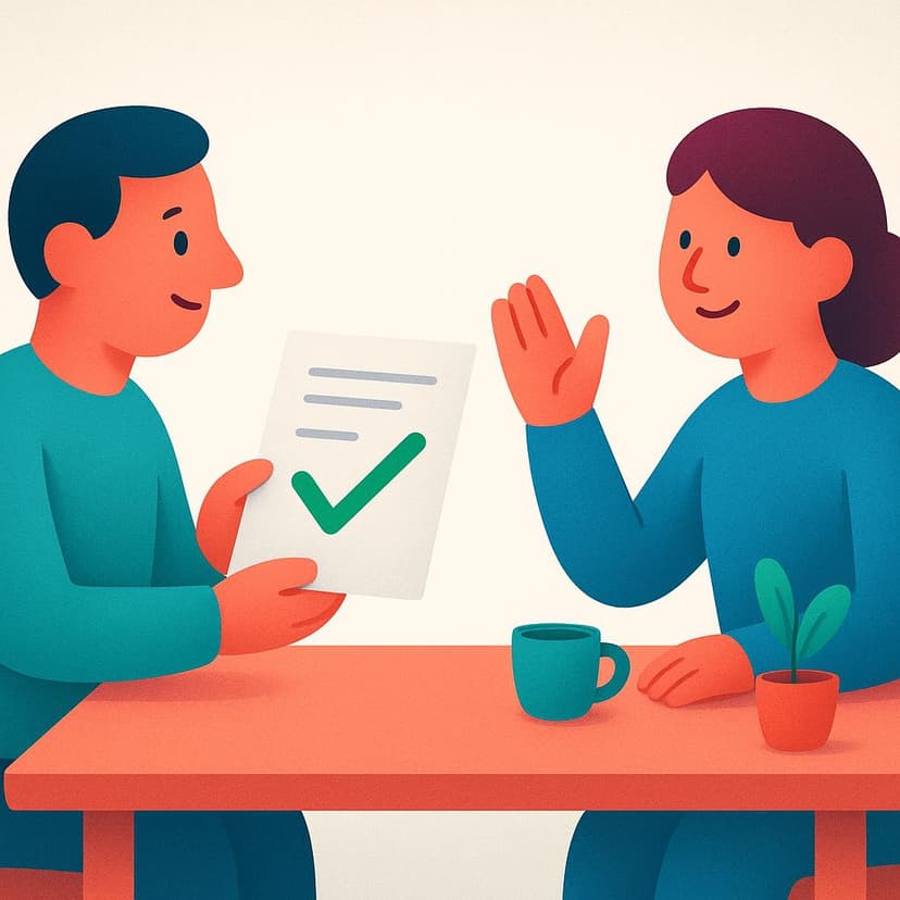 Two figures seated at a table, one presenting a document and the other raising a hand in supportive agreement.