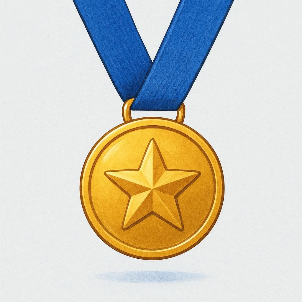 A large, perfectly crafted, shining gold medal hanging from a vibrant ribbon, symbolizing excellence and top quality.