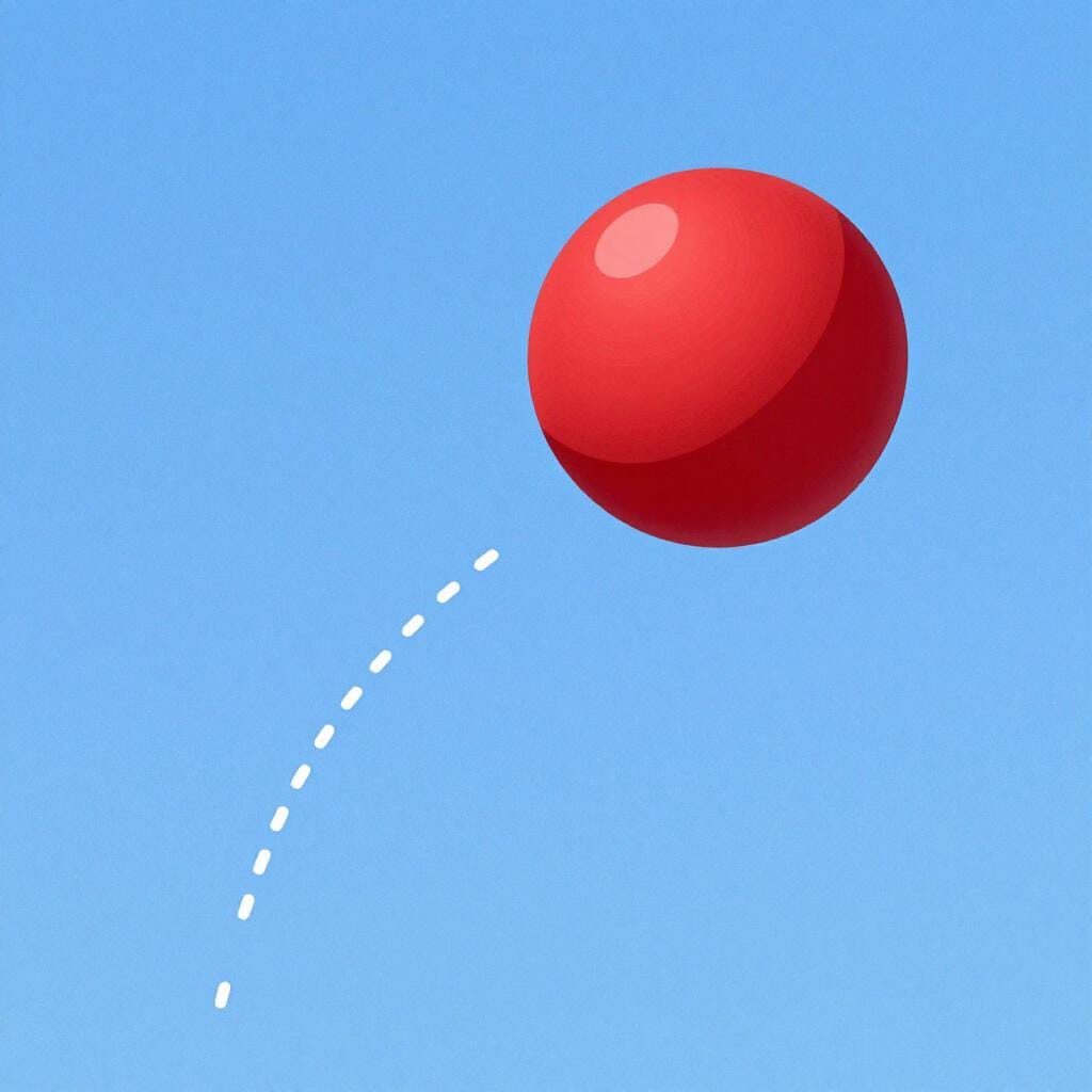 A colorful storybook illustration showing the dotted arc of a bright red ball flying through the air.