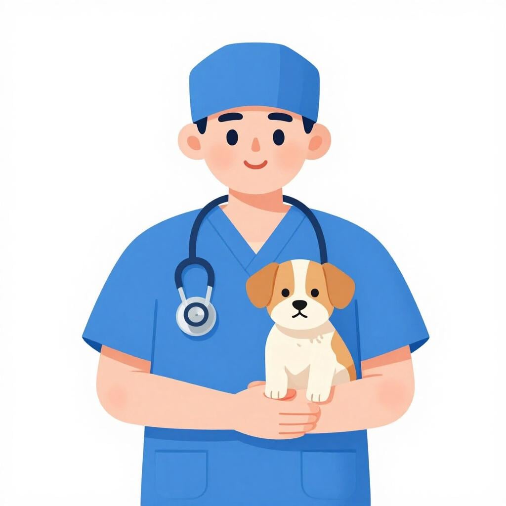 A veterinarian in scrubs gently holding a small, calm puppy.