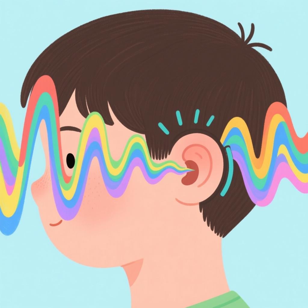 A profile illustration of a simplified person with colorful, stylized sound waves entering the ear, symbolizing the sense of hearing.