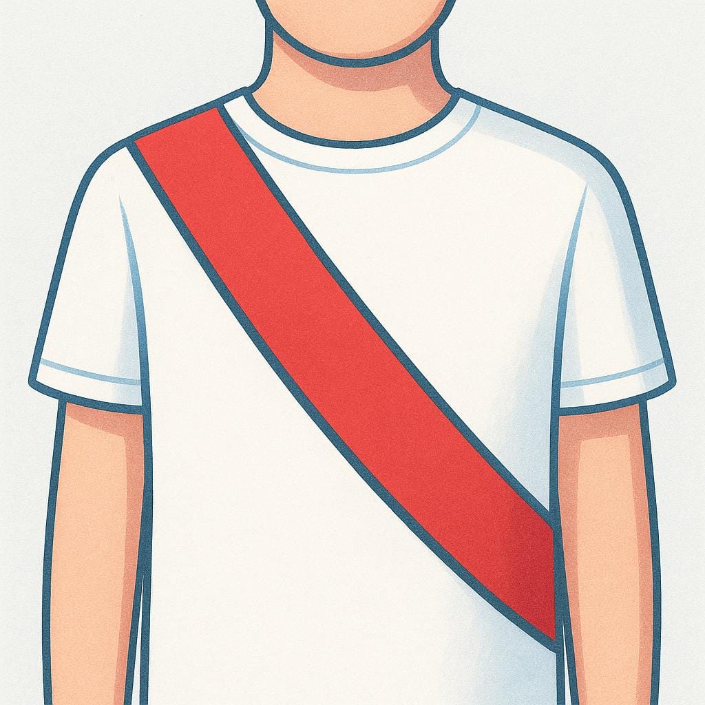 A stylized drawing of a ceremonial red ribbon worn diagonally across a white shirt.