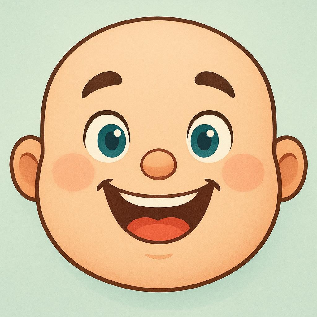 A simple, round character face with a large, friendly smile and raised eyebrows, clearly indicating a positive and welcoming manner of expression.