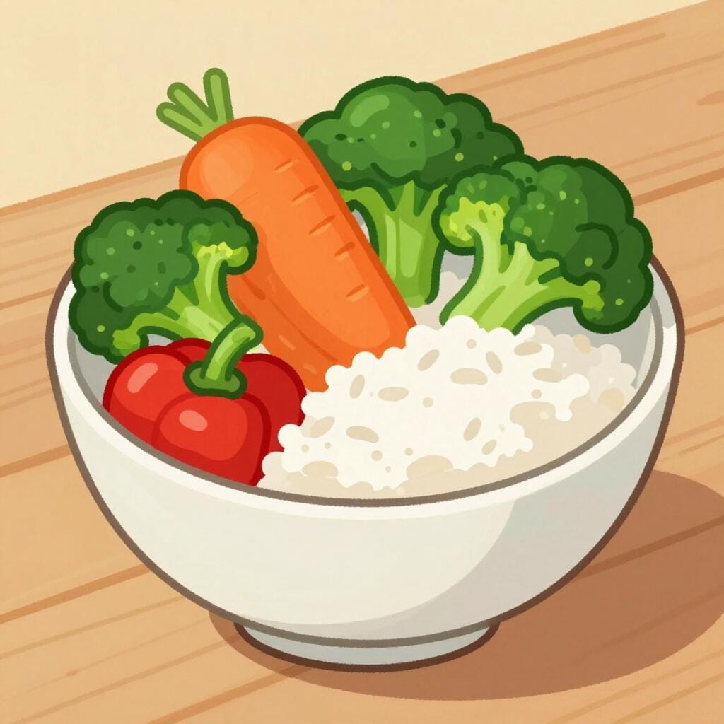 A colorful bowl filled with fresh vegetables like broccoli, carrots, and peppers, served with rice.
