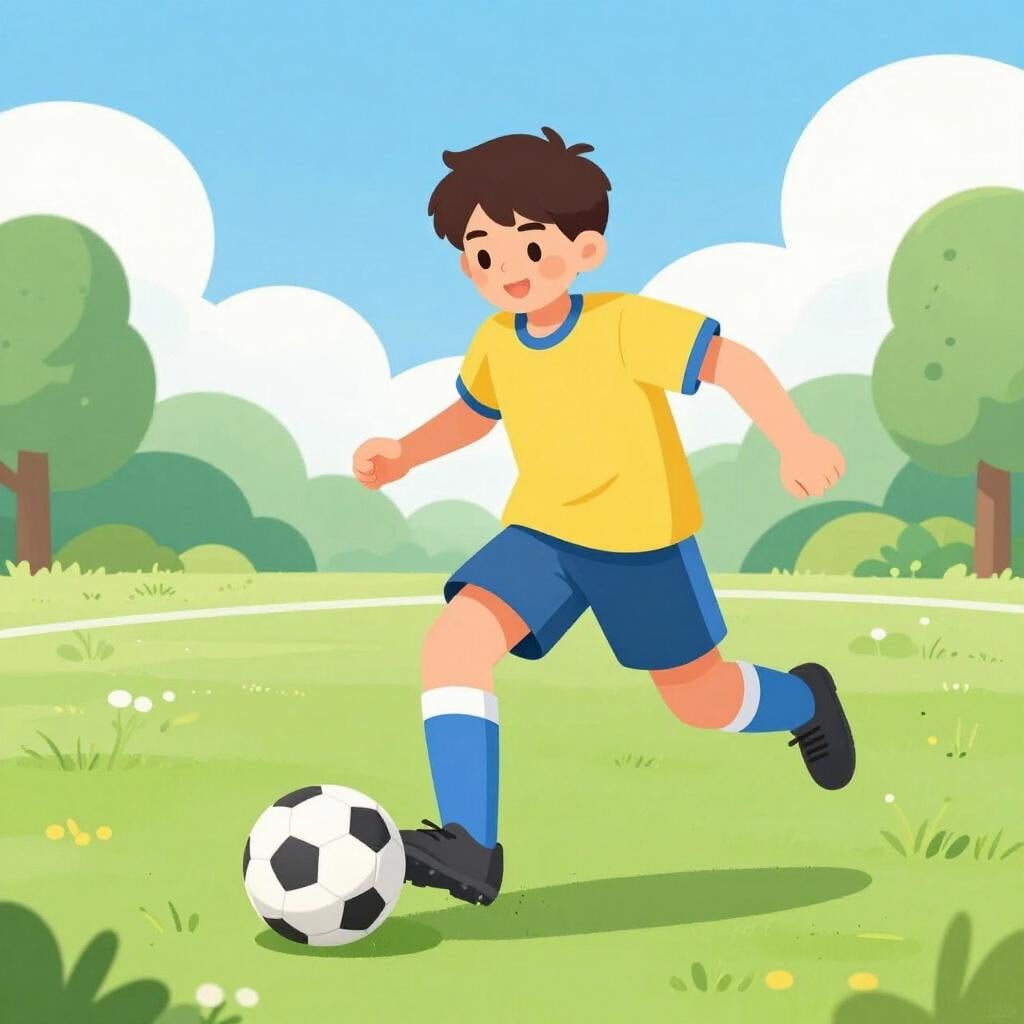 Um adolescente com uma camisola de futebol a chutar uma bola num campo verde.