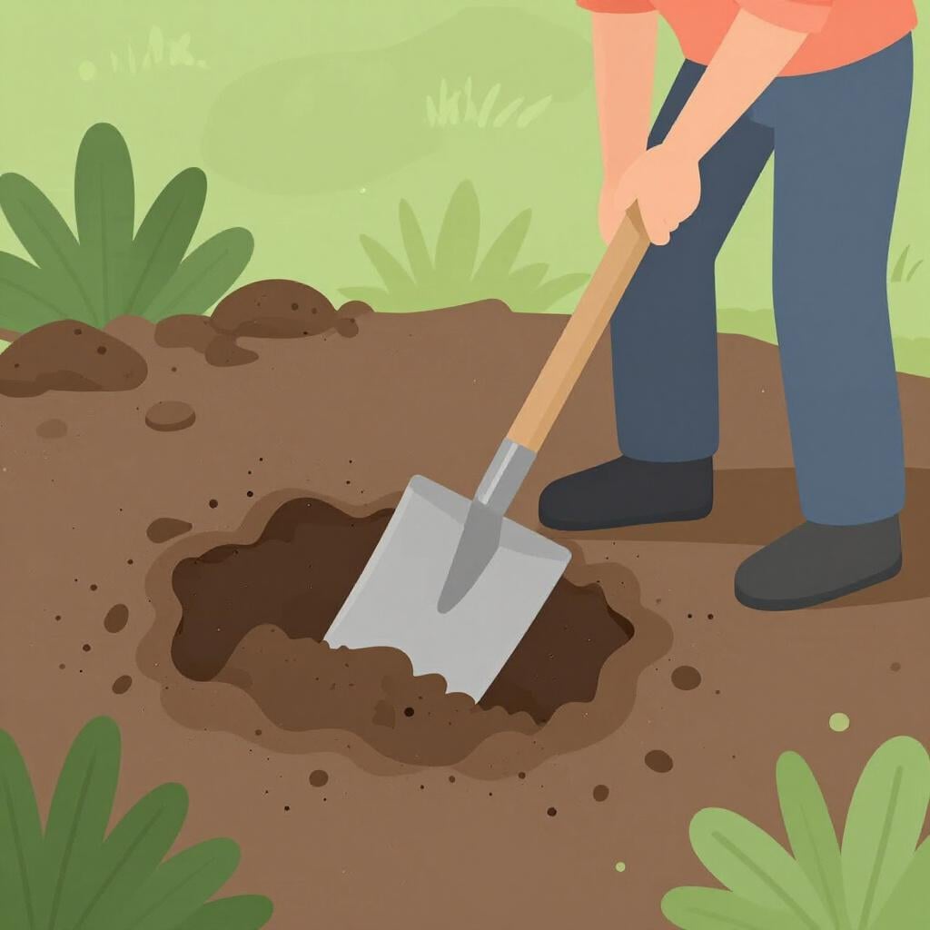 Uma pessoa a usar uma pá de metal para cavar um buraco num pedaço de terra castanha.