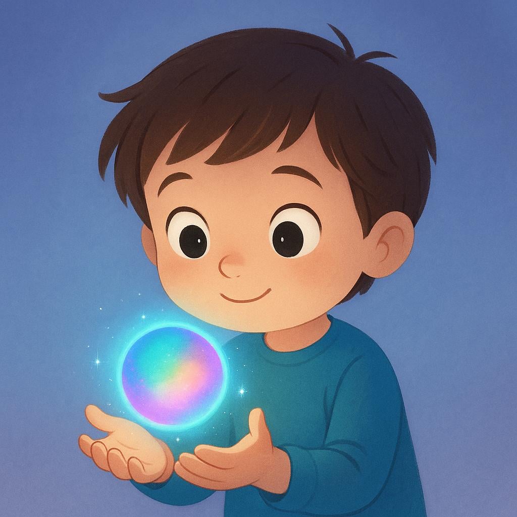 A child captivated by a mysterious, colorful glowing orb floating in front of them, showing intense focus and curiosity.