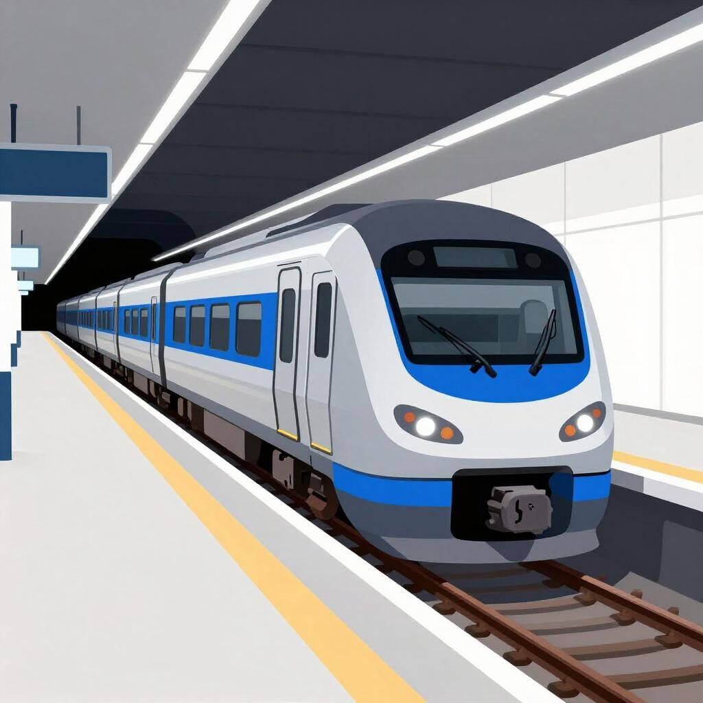 A sleek silver train with blue stripes sitting at a brightly lit underground station platform.