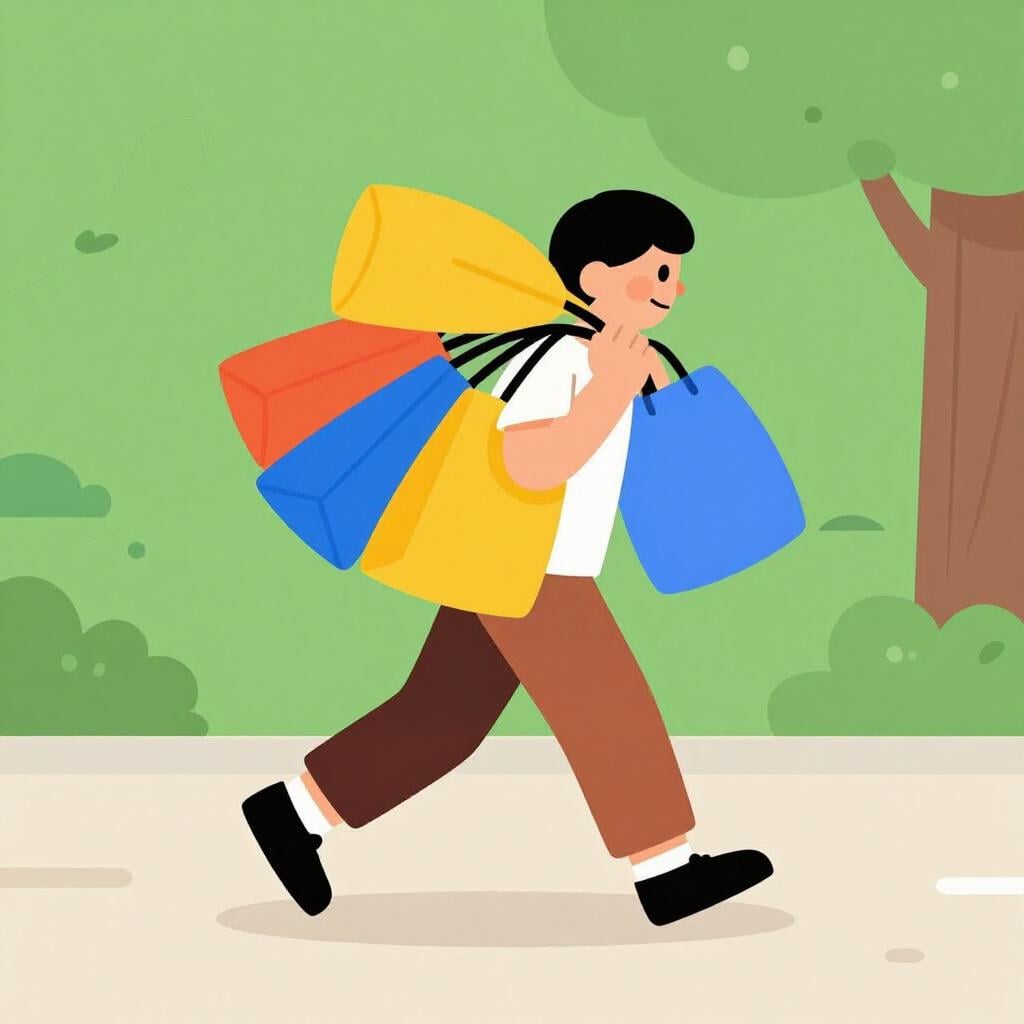 A character with a busy expression walking quickly with multiple shopping bags and a scarf trailing behind.