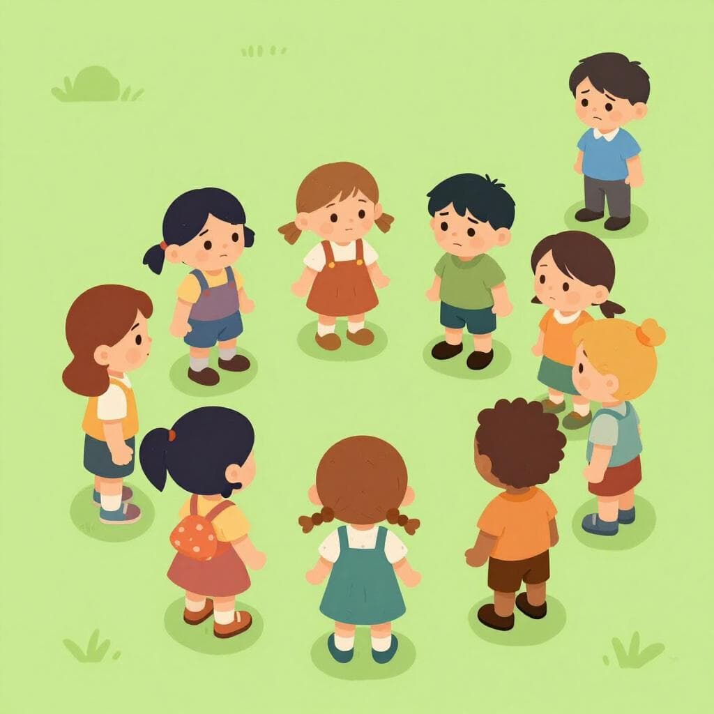 Een groep kinderen die samen spelen in een park terwijl één kind van een andere afkomst alleen staat en verdrietig kijkt, wat uitsluiting symboliseert.