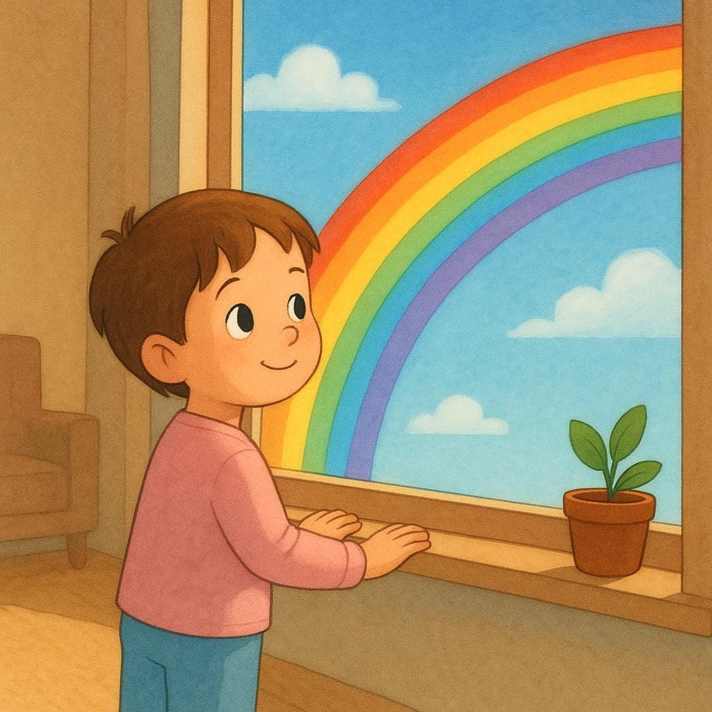 A small child standing indoors, looking out a large window at a bright rainbow stretching across a sunny blue sky, symbolizing hope.