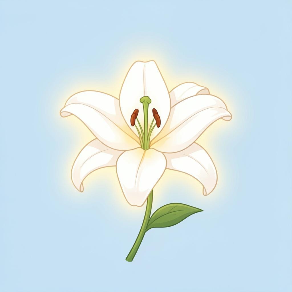 A glowing golden light radiating from a white lily on a soft blue background.