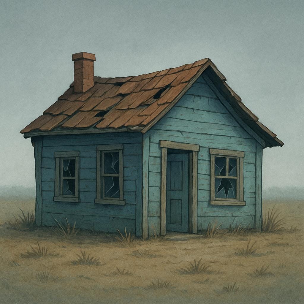 A dilapidated, gray shack with broken windows and overgrown weeds surrounding it, looking dismal and abandoned.